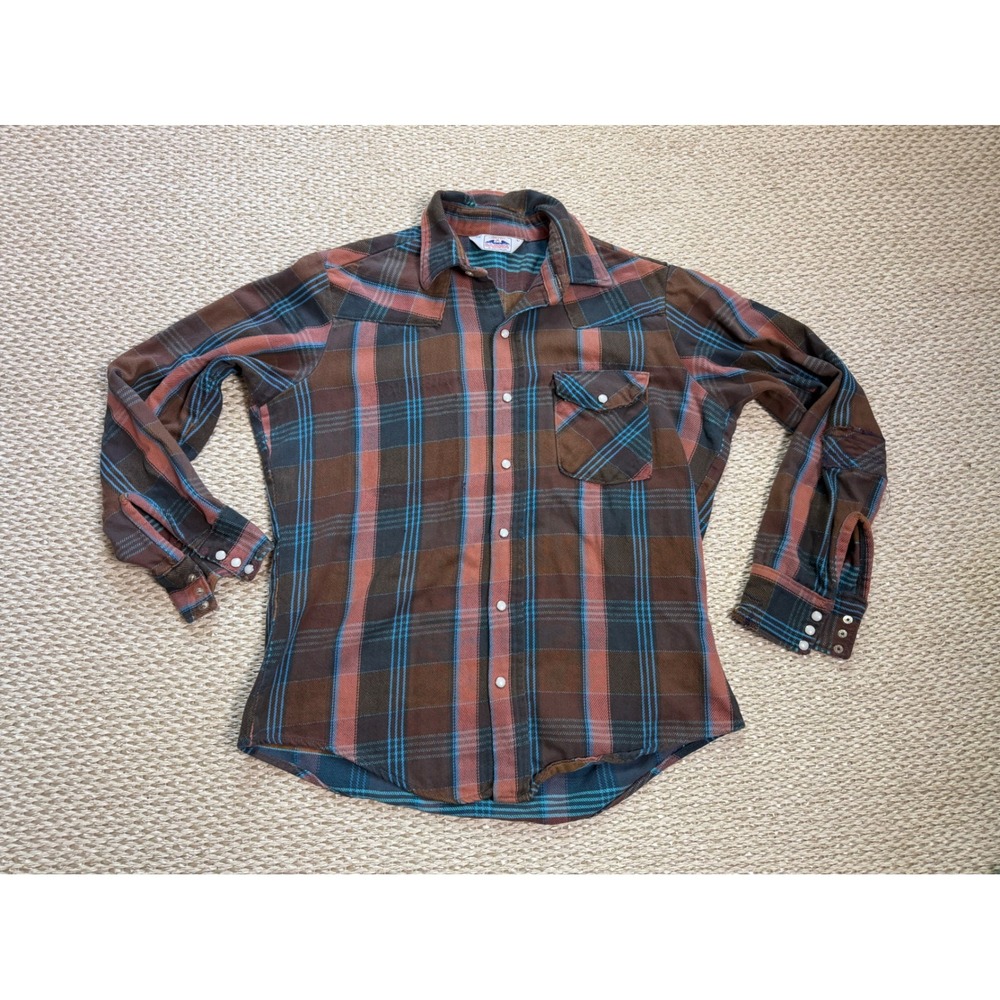 Dakota by Five Brother Vintage Western Flannel Pearl Snap Plaid Shirt Mens L USA